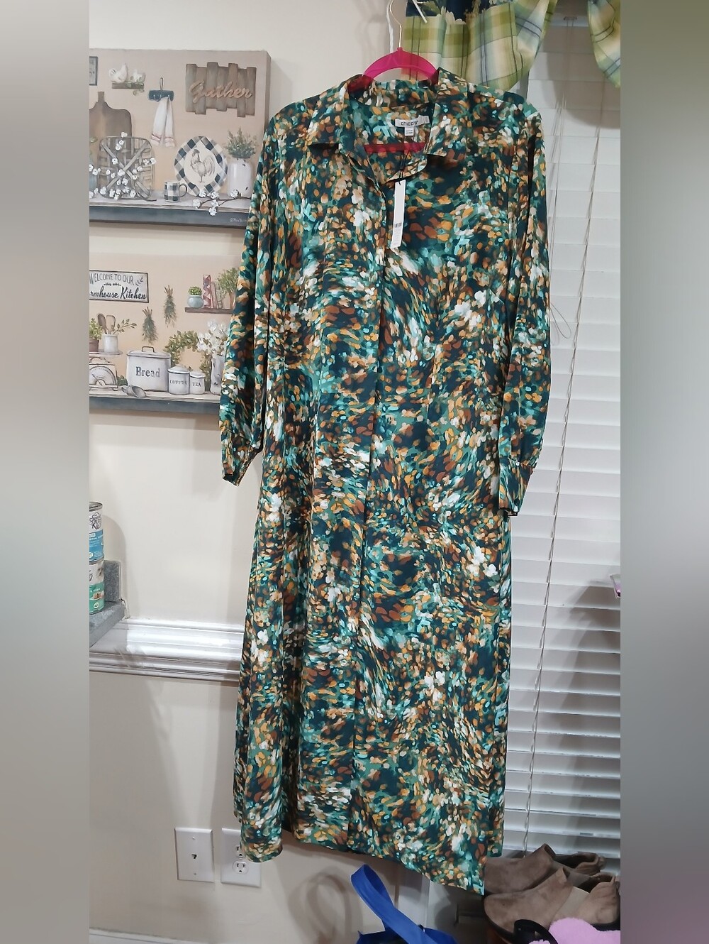 Chico's Shirt Dress Maxi Long Sleeve Collared Button Abstract Green Teal 2.5